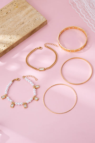 Gold Pearl & Crystal Drop Layered Bracelet Set | 80B1618