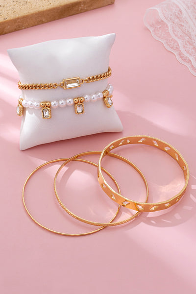 Gold Pearl & Crystal Drop Layered Bracelet Set | 80B1618