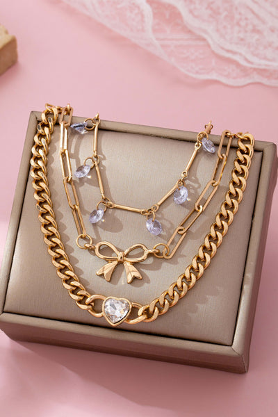 Bow & Crystal Heart Charm Layered Bracelet Set | 80B1628
