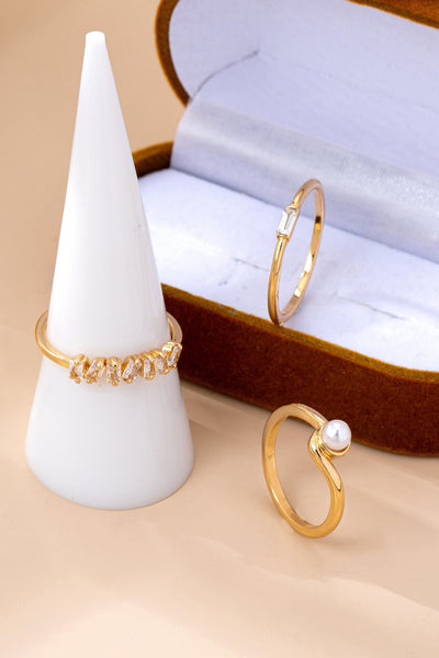 Pearl & Crystal Delicate Gold Ring Trio | 80R159