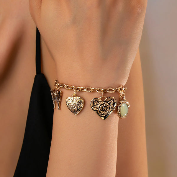 Gold Charm Bracelet with Hearts & Flowers | 80B1652