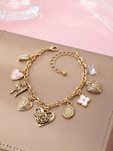 Gold Charm Bracelet with Hearts & Flowers | 80B1652