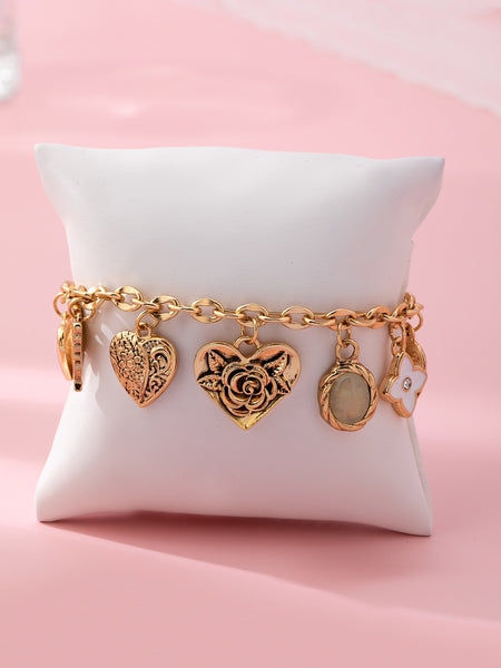 Gold Charm Bracelet with Hearts & Flowers | 80B1652