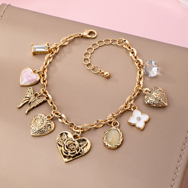 Gold Charm Bracelet with Hearts & Flowers | 80B1652