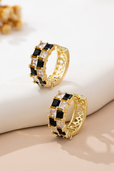 Checker Black & Crystal Baguette Hoop Earrings | 80E61892