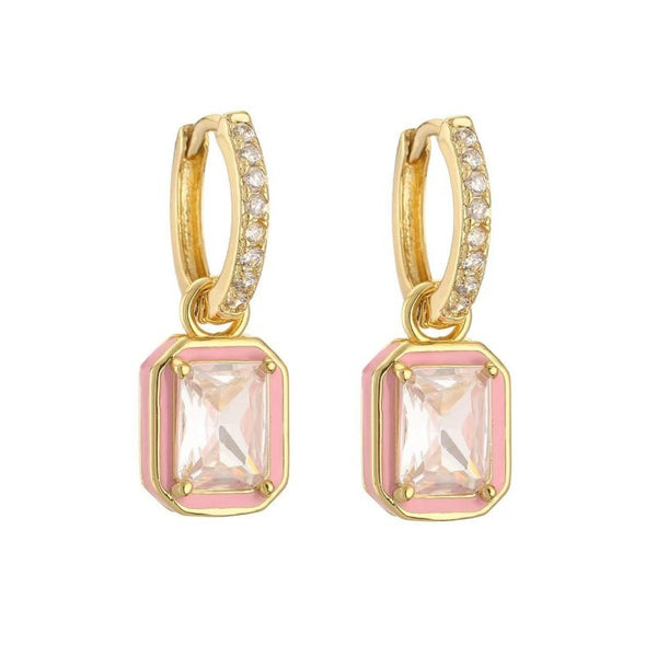 Enamel & Emerald-Cut Crystal Huggie Drop Earrings | 40E475
