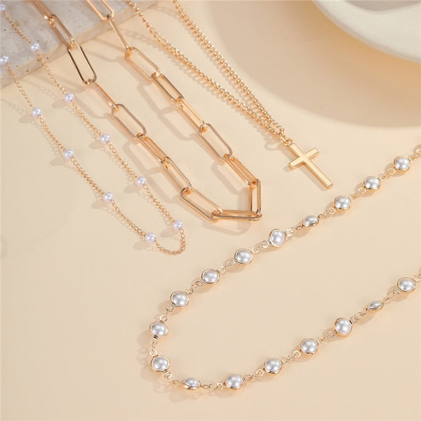 Layered Gold & Pearl Cross Statement Necklace Set | 40NK9673