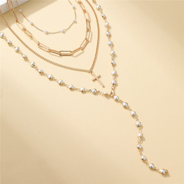 Layered Gold & Pearl Cross Statement Necklace Set | 40NK9673