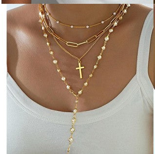 Layered Gold & Pearl Cross Statement Necklace Set | 40NK9673