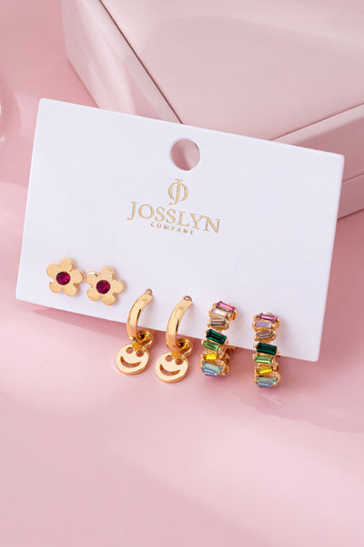 Rainbow Crystal, Smiley, and Floral Trio Earrings | 80E62109