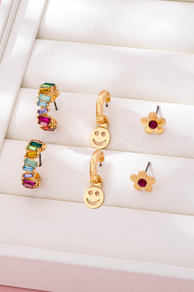 Rainbow Crystal, Smiley, and Floral Trio Earrings | 80E62109