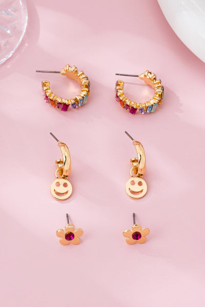 Rainbow Crystal, Smiley, and Floral Trio Earrings | 80E62109