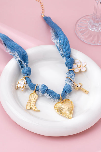 Western Denim Cowboy Boot & Cross Charm Necklace | 80N92859