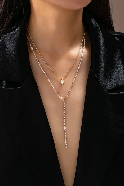 Layered Y Heart and Baguette CZ Crystal Necklace | 80N92886