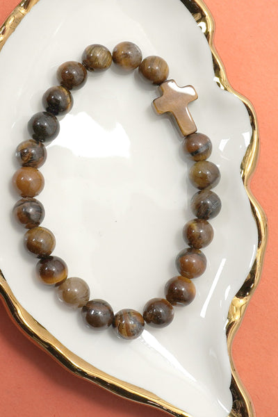 Boho Natural Stone Cross Charm Beaded Bracelet | 40B5248