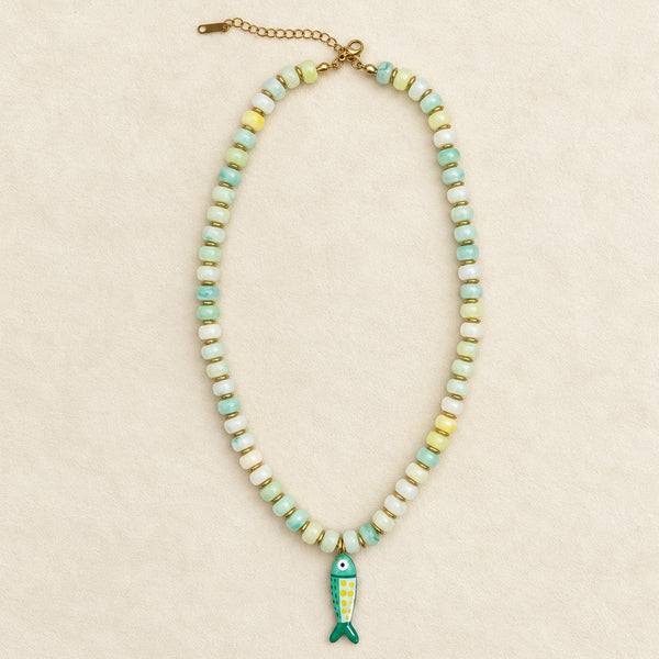 Resin Bead & Enamel Fish Charm Strand Necklace | 40NK9808