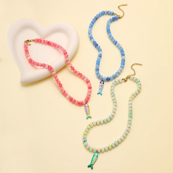 Resin Bead & Enamel Fish Charm Strand Necklace | 40NK9808