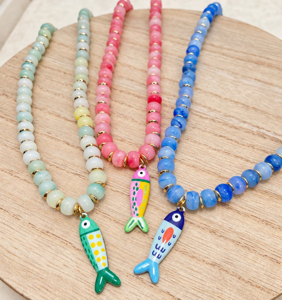 Resin Bead & Enamel Fish Charm Strand Necklace | 40NK9808