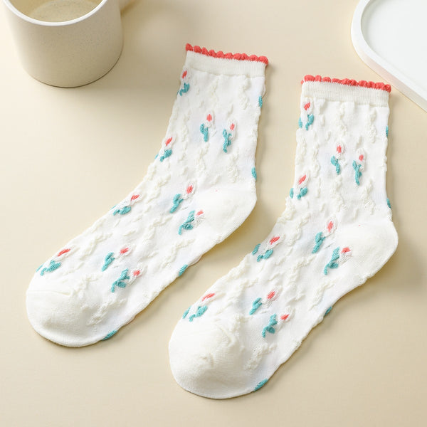 Woman Embroidered Texture Crew Sock | 40S02085