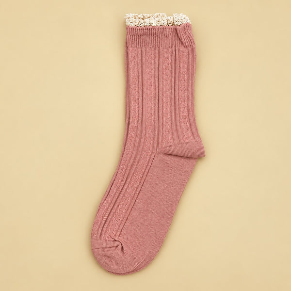 Vintage Lace Trim Cable Knit Crew Socks | 40S02101