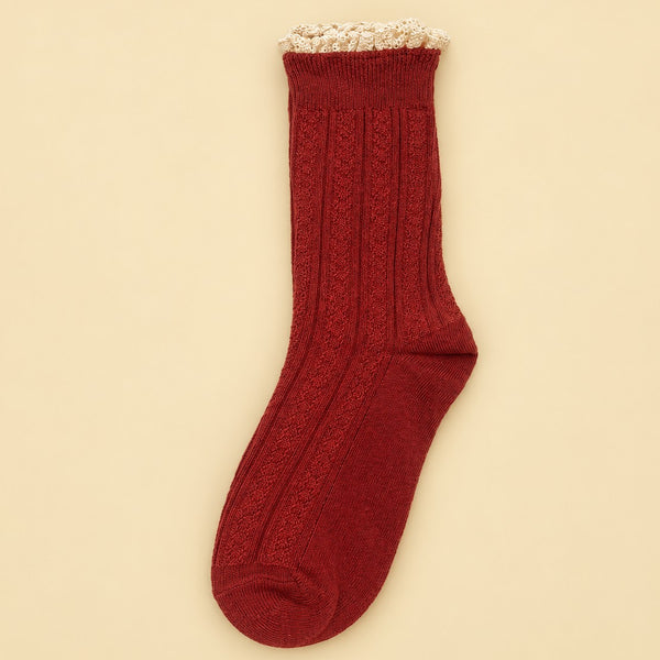 Vintage Lace Trim Cable Knit Crew Socks | 40S02101