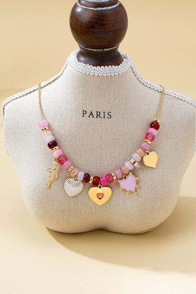 Pink Beaded Heart and Shell Charm Necklace | 80N92903