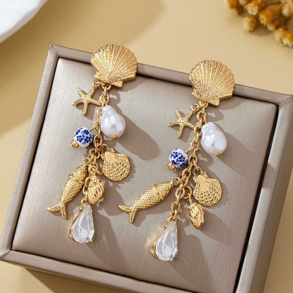 Pearl Shell Fish Cluster Charm Drop Earrings | 80E62042