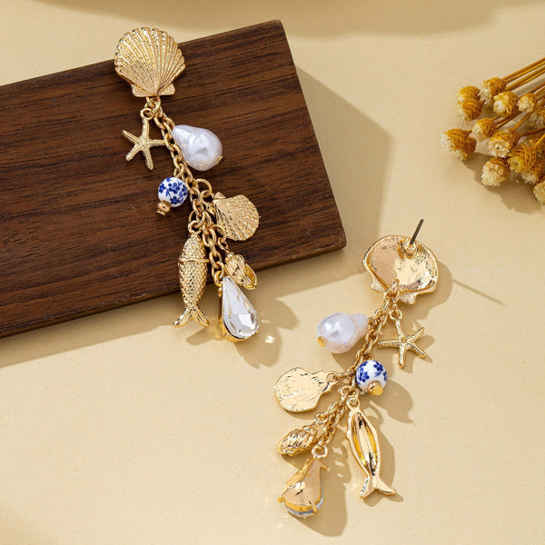 Pearl Shell Fish Cluster Charm Drop Earrings | 80E62042
