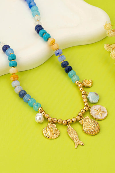 Nautical Blue Beaded Sealife Charm Necklace | 80N92927
