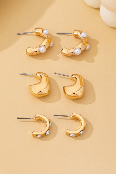Rhinestone Pearl Curated Hoop Earring Set | 80E62140