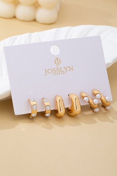 Rhinestone Pearl Curated Hoop Earring Set | 80E62140