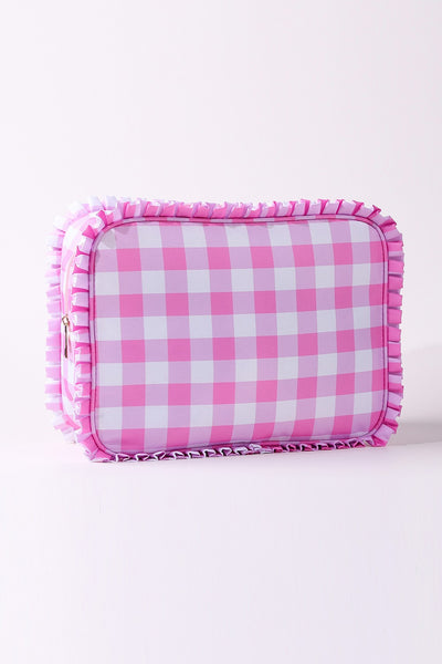 RUFFLE CHECKER STRIPE COSMETIC TRAVEL POUCH BAG | 40P608
