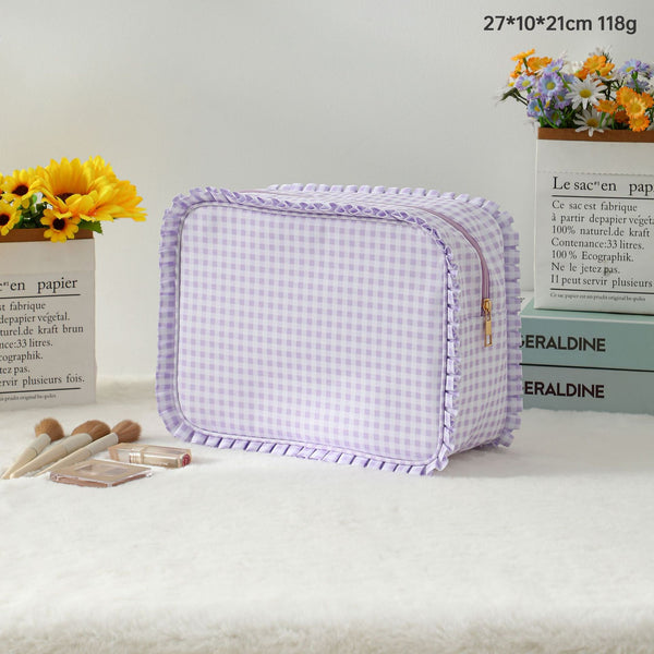 RUFFLE CHECKER STRIPE COSMETIC TRAVEL POUCH BAG | 40P608