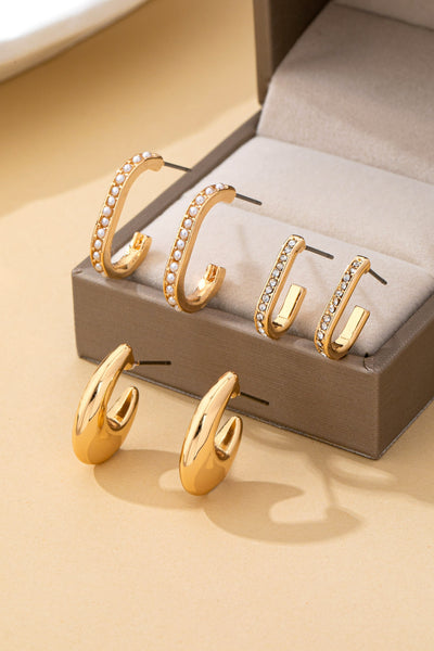 Rhinestone Pearl Huggie Hoop Trio Earrings | 80E62207