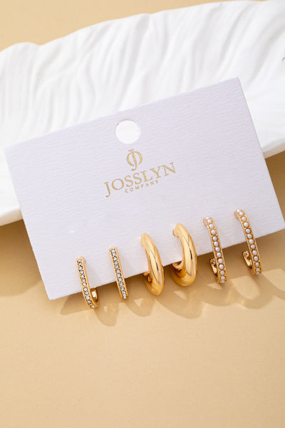 Rhinestone Pearl Huggie Hoop Trio Earrings | 80E62207