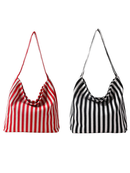 Striped Canvas Hobo Shoulder Tote Bag | 40P609