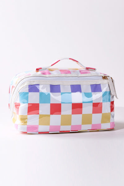 CHECKER STRIPED  OPEN FLAT COSMETIC MAKEUP POUCH | 40P610