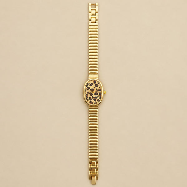 Leopard Print Oval Gold-Tone Wrist Watch | 40WTH103