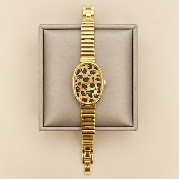 Leopard Print Oval Gold-Tone Wrist Watch | 40WTH103