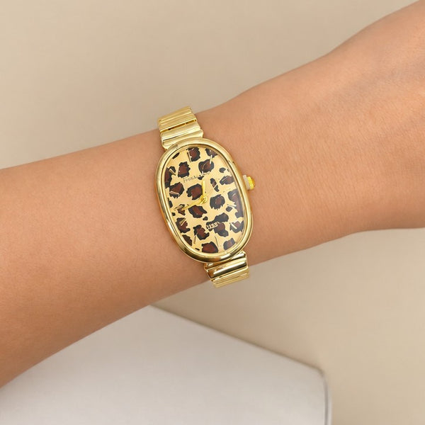 Leopard Print Oval Gold-Tone Wrist Watch | 40WTH103