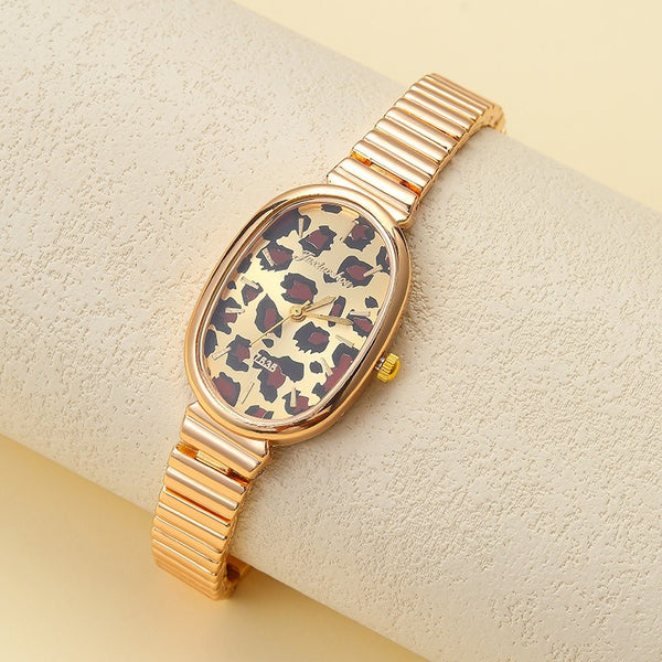 Leopard Print Oval Gold-Tone Wrist Watch | 40WTH103