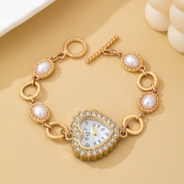 HEART RHINESTONE DIAL PEARL BRACELET WATCH | 80W008