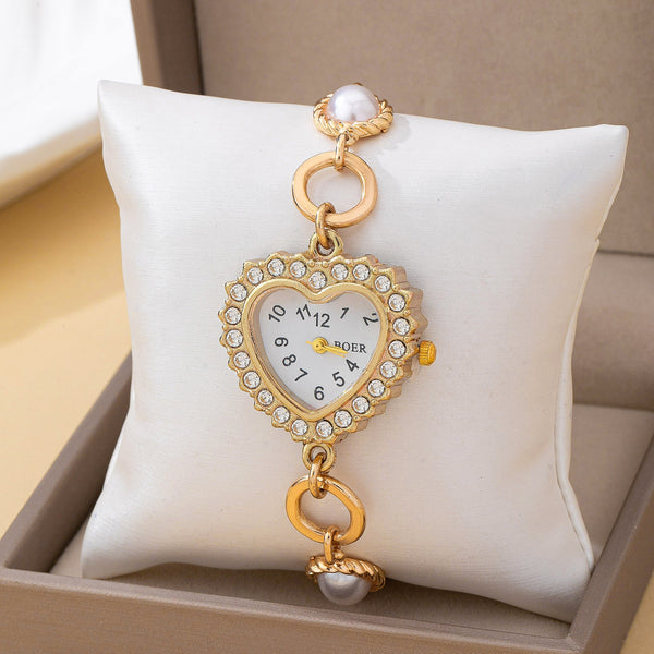 HEART RHINESTONE DIAL PEARL BRACELET WATCH | 80W008