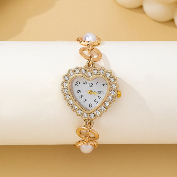 HEART RHINESTONE DIAL PEARL BRACELET WATCH | 80W008