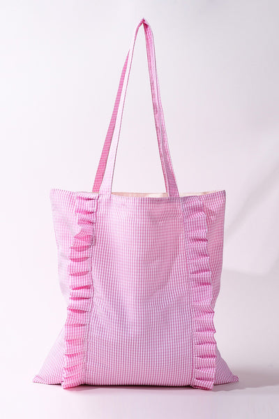 Gingham Ruffle Canvas Shoulder Tote Bag | 40P614