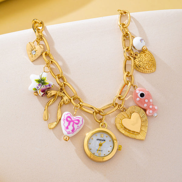 Vintage Pink Polka Dot Charm Watch Bracelet | 80W035