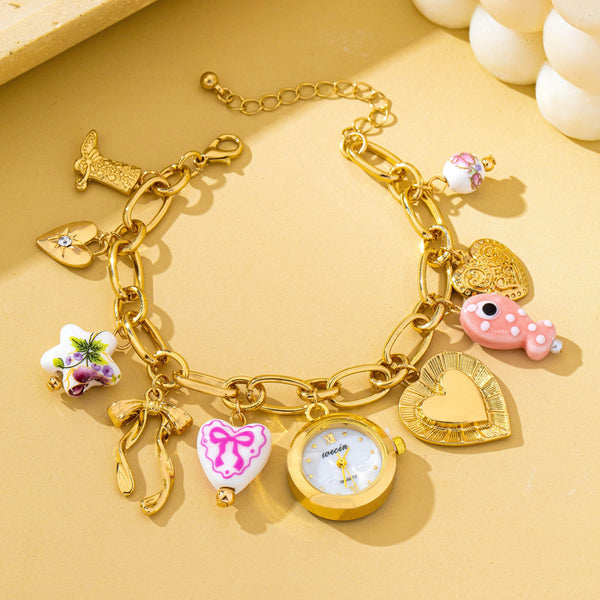 Vintage Pink Polka Dot Charm Watch Bracelet | 80W035