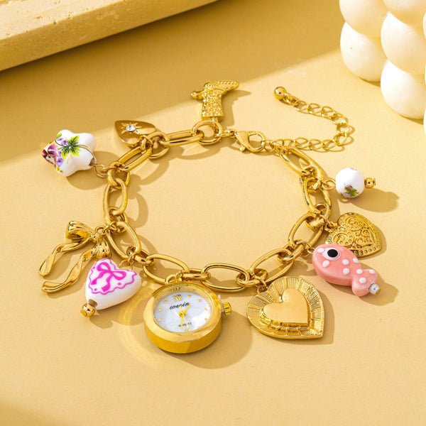 Vintage Pink Polka Dot Charm Watch Bracelet | 80W035