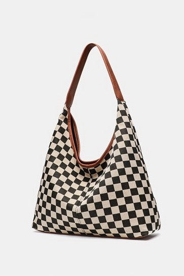 Black and White Checkered Canvas Hobo Bag | 40P615