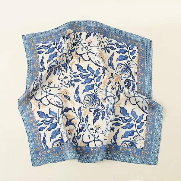 Blue Botanical Leaf Print Square Scarf | 40SC762